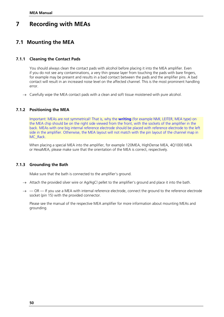 7recording with meas, 1 mounting the mea | Multichannel Systems MEA Manual User Manual | Page 50 / 135