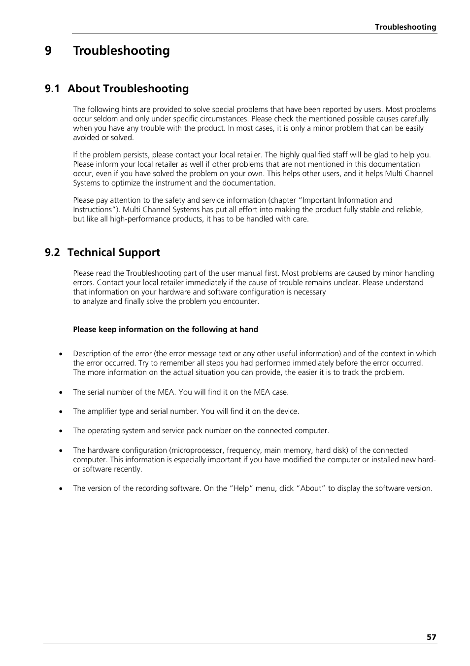 9troubleshooting, 1 about troubleshooting, 2 technical support | Multichannel Systems MEA Manual User Manual | Page 57 / 135