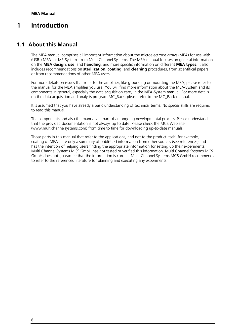 1introduction, 1 about this manual | Multichannel Systems MEA Manual User Manual | Page 6 / 135