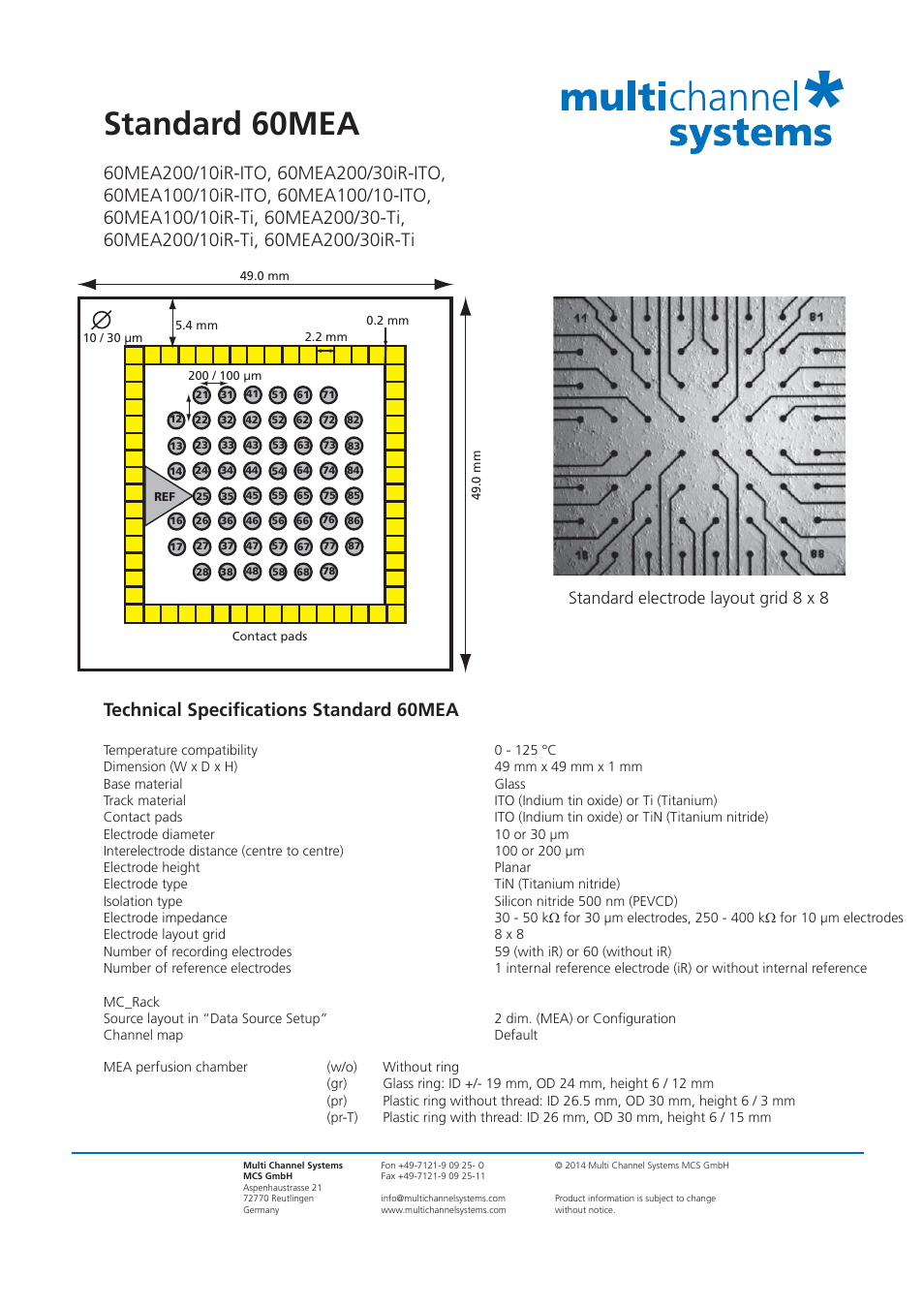 Standard 60mea, Standard electrode layout grid 8 x 8 | Multichannel Systems MEA Manual User Manual | Page 68 / 135