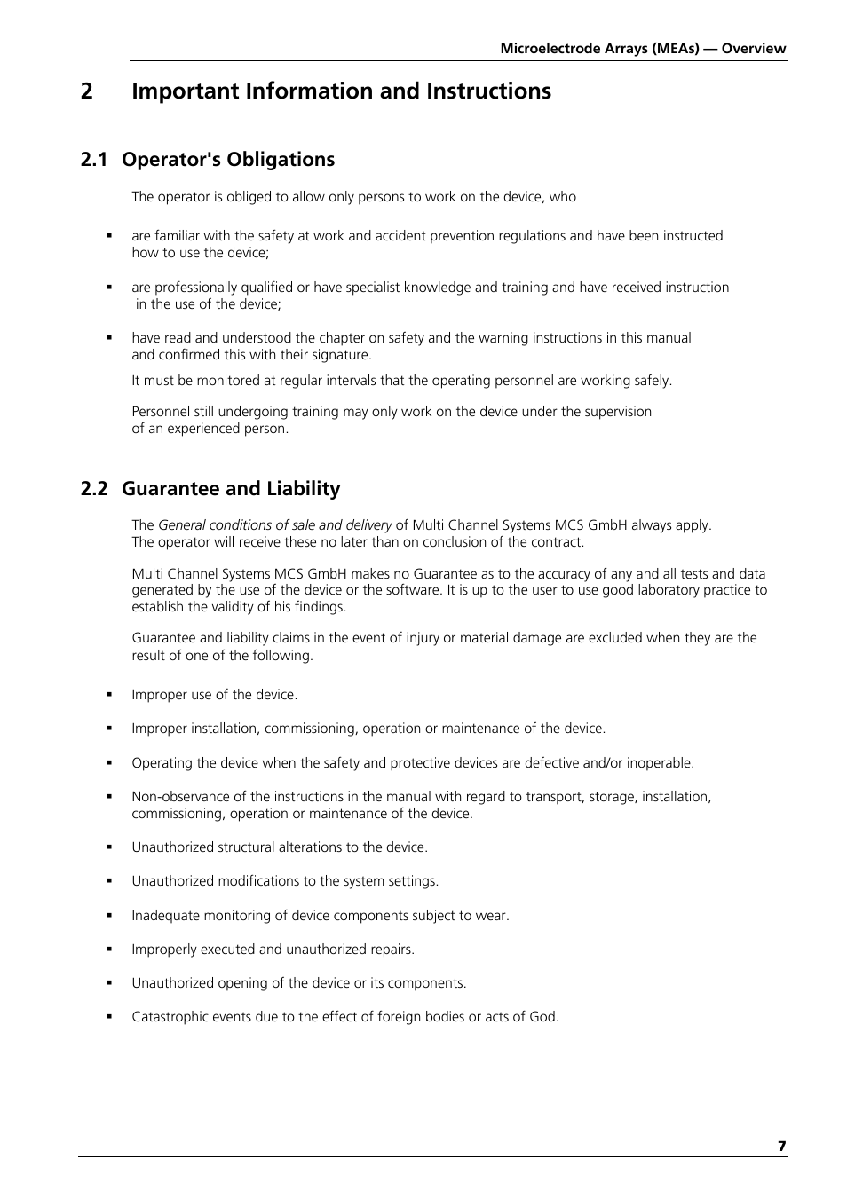 2important information and instructions, 1 operator's obligations, 2 guarantee and liability | Multichannel Systems MEA Manual User Manual | Page 7 / 135