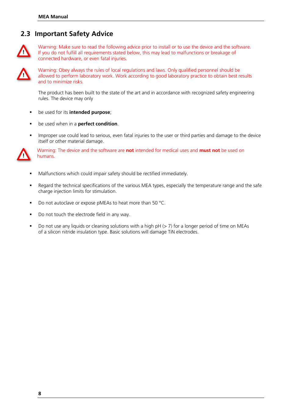 3 important safety advice | Multichannel Systems MEA Manual User Manual | Page 8 / 135