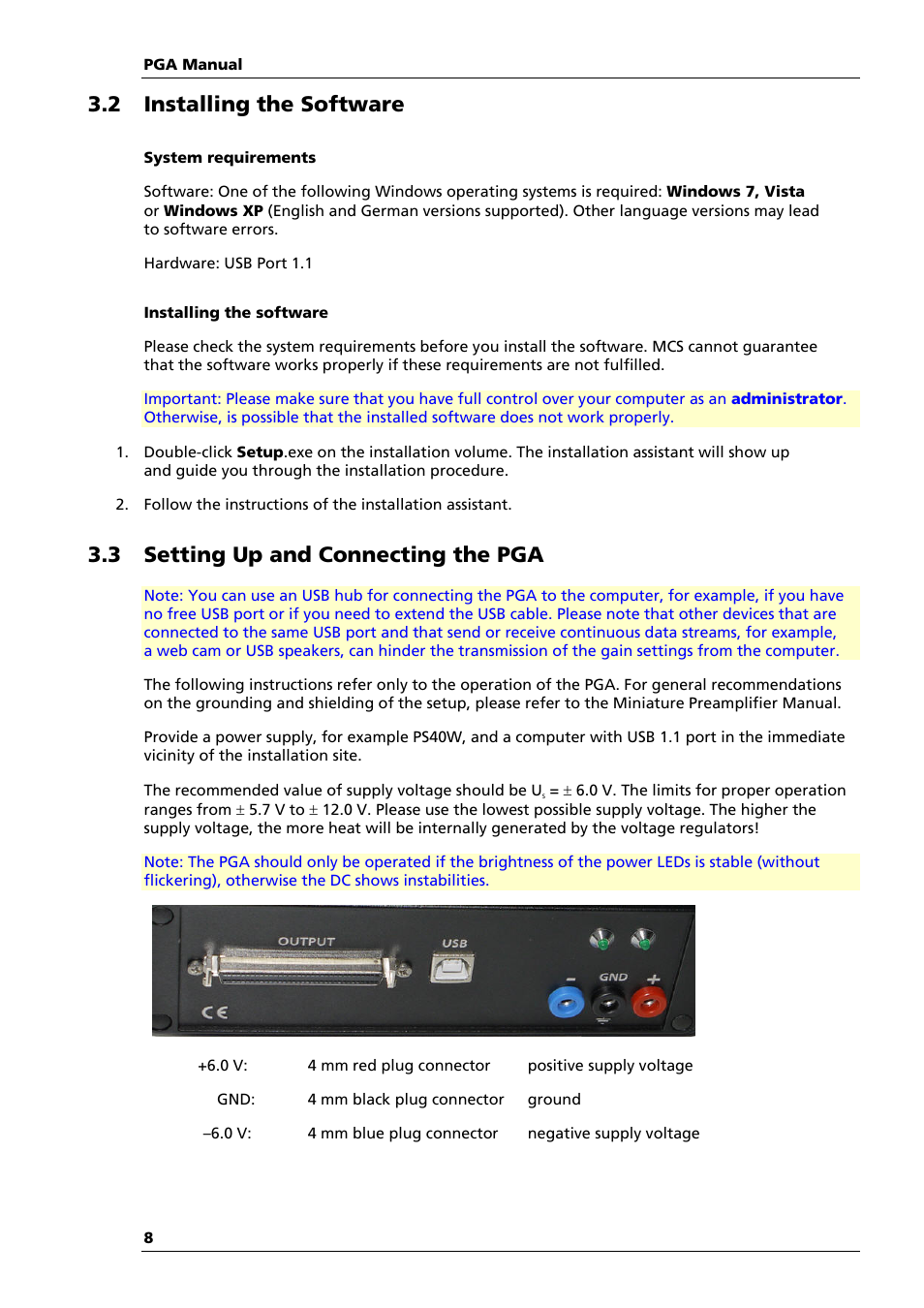 2 installing the software, 3 setting up and connecting the pga | Multichannel Systems PGA Manual User Manual | Page 12 / 29