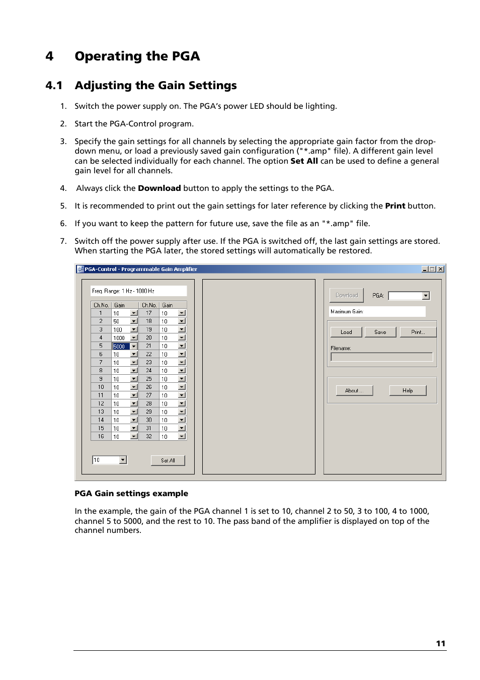 4operating the pga, 1 adjusting the gain settings | Multichannel Systems PGA Manual User Manual | Page 15 / 29