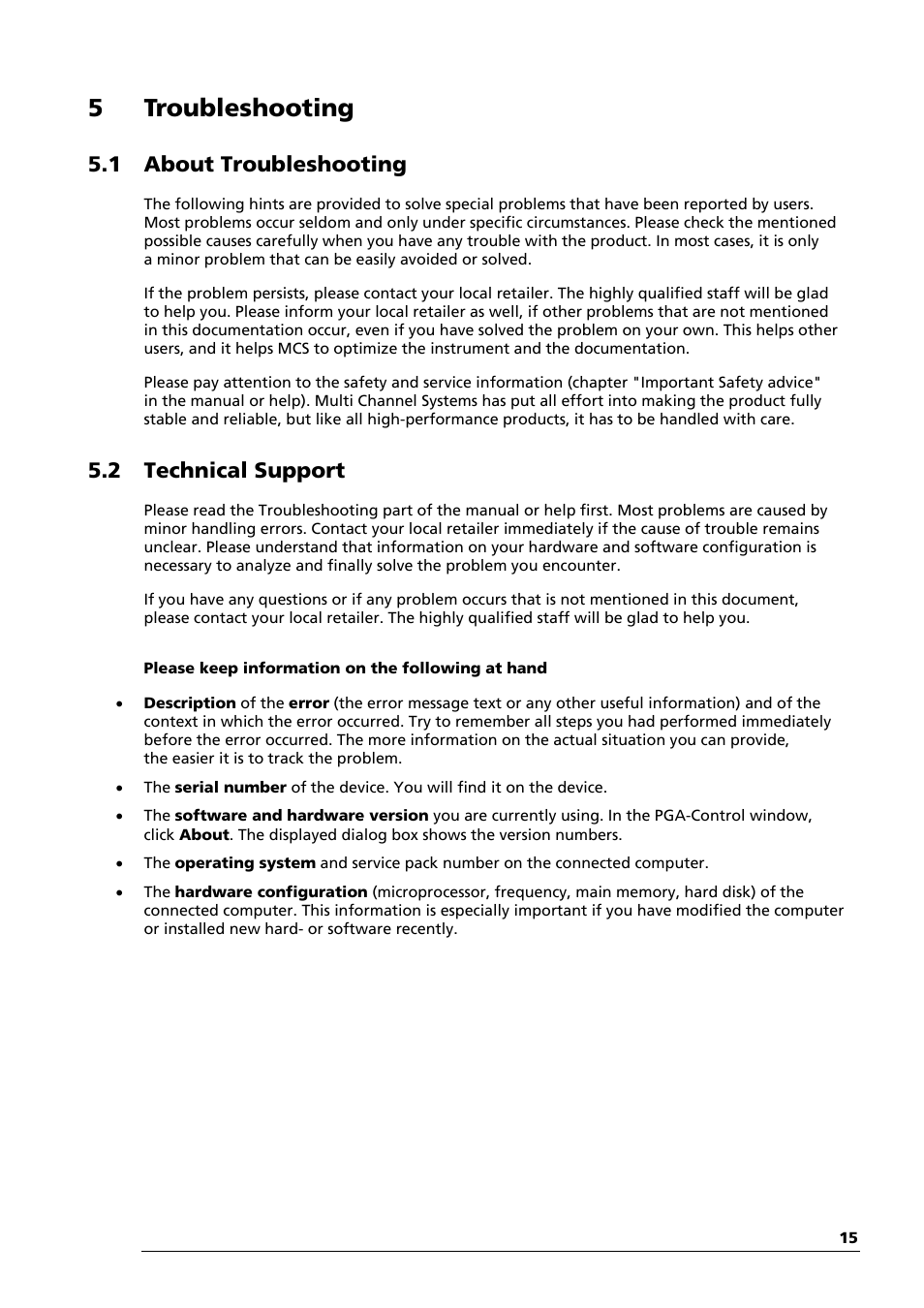 5 troubleshooting, 1 about troubleshooting, 2 technical support | Multichannel Systems PGA Manual User Manual | Page 19 / 29