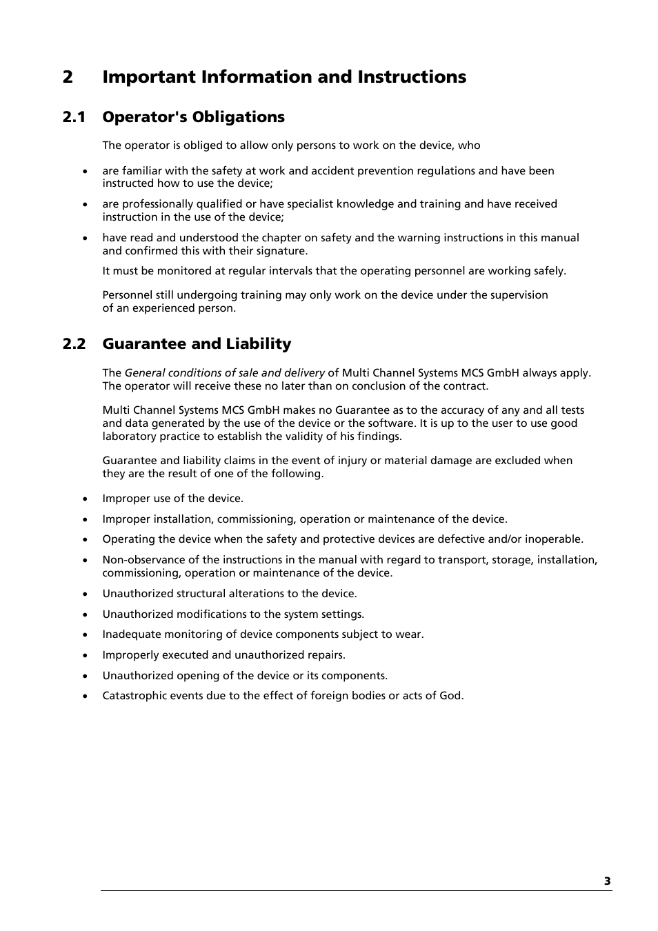 2important information and instructions, 1 operator's obligations, 2 guarantee and liability | Multichannel Systems PGA Manual User Manual | Page 7 / 29