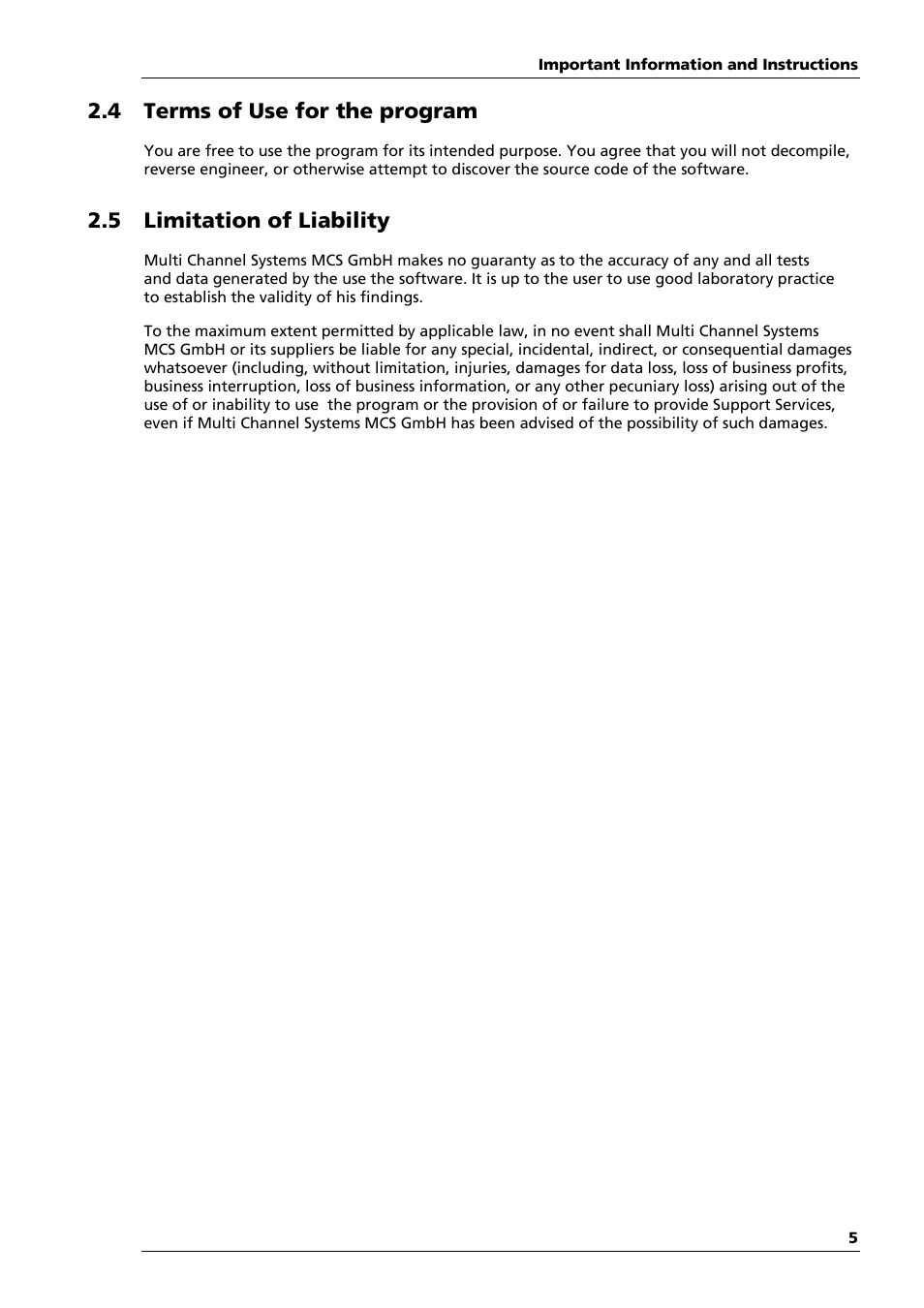 4 terms of use for the program, 5 limitation of liability | Multichannel Systems PGA Manual User Manual | Page 9 / 29