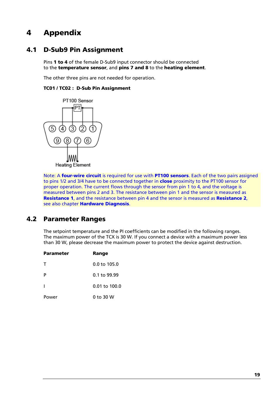 4 appendix, 1 d-sub9 pin assignment, 2 parameter ranges | Multichannel Systems TC01-2 Manual User Manual | Page 23 / 30