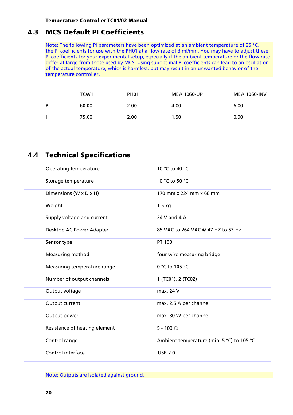 3 mcs default pi coefficients, 4 technical specifications | Multichannel Systems TC01-2 Manual User Manual | Page 24 / 30