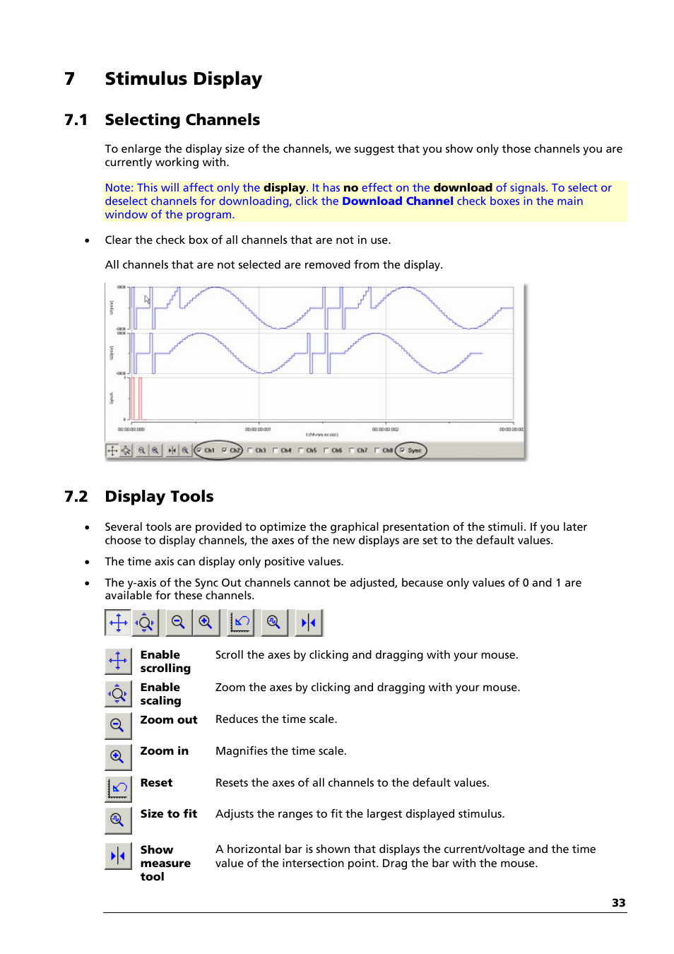 7 stimulus display, 1 selecting channels, 2 display tools | Multichannel Systems STG1000 Manual User Manual | Page 39 / 89