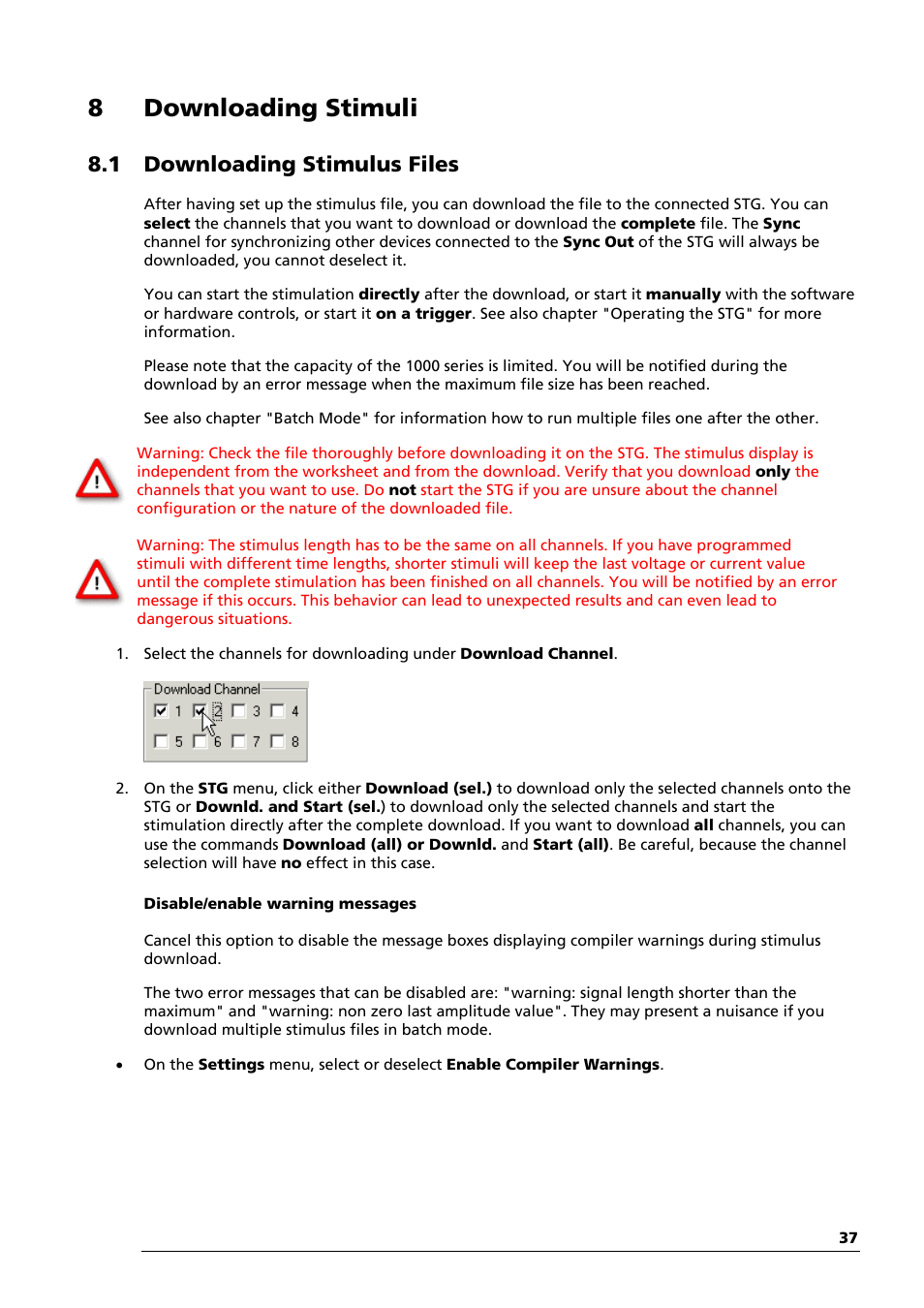 8 downloading stimuli, 1 downloading stimulus files | Multichannel Systems STG1000 Manual User Manual | Page 43 / 89