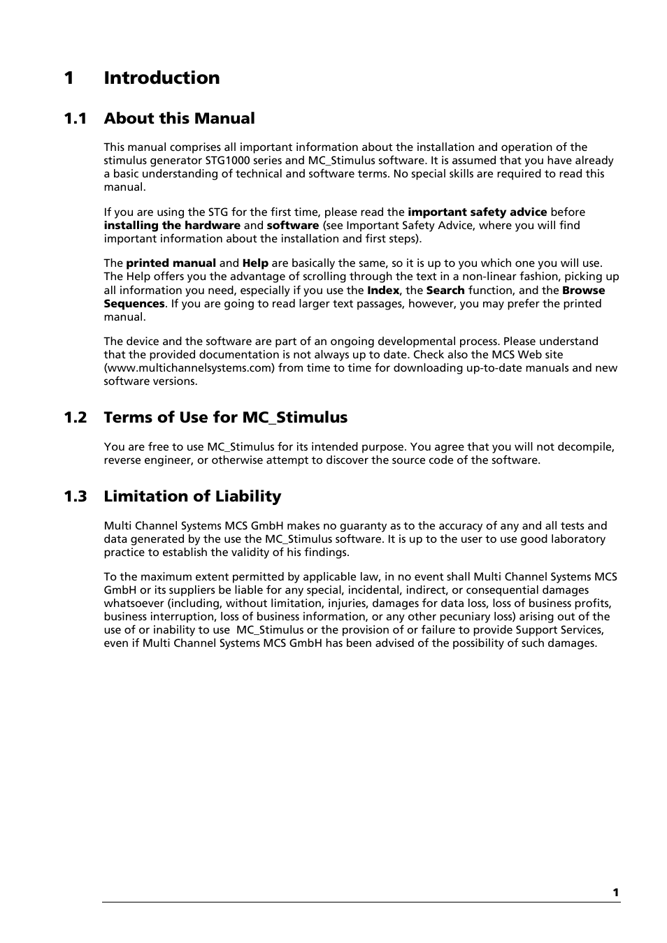 1 introduction, 1 about this manual, 2 terms of use for mc_stimulus | 3 limitation of liability | Multichannel Systems STG1000 Manual User Manual | Page 7 / 89