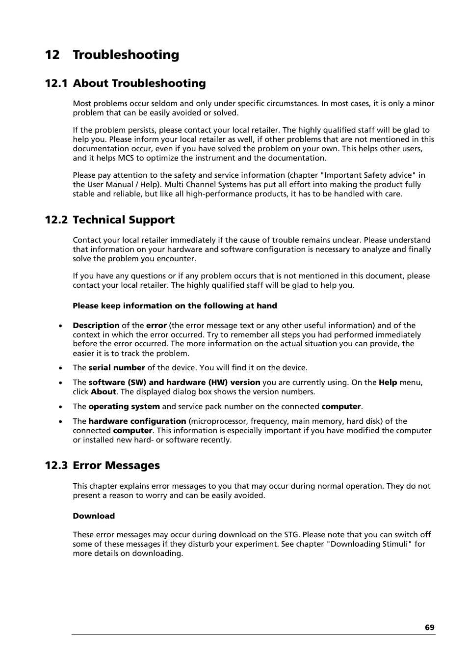 12 troubleshooting, 1 about troubleshooting, 2 technical support | 3 error messages | Multichannel Systems STG1000 Manual User Manual | Page 75 / 89