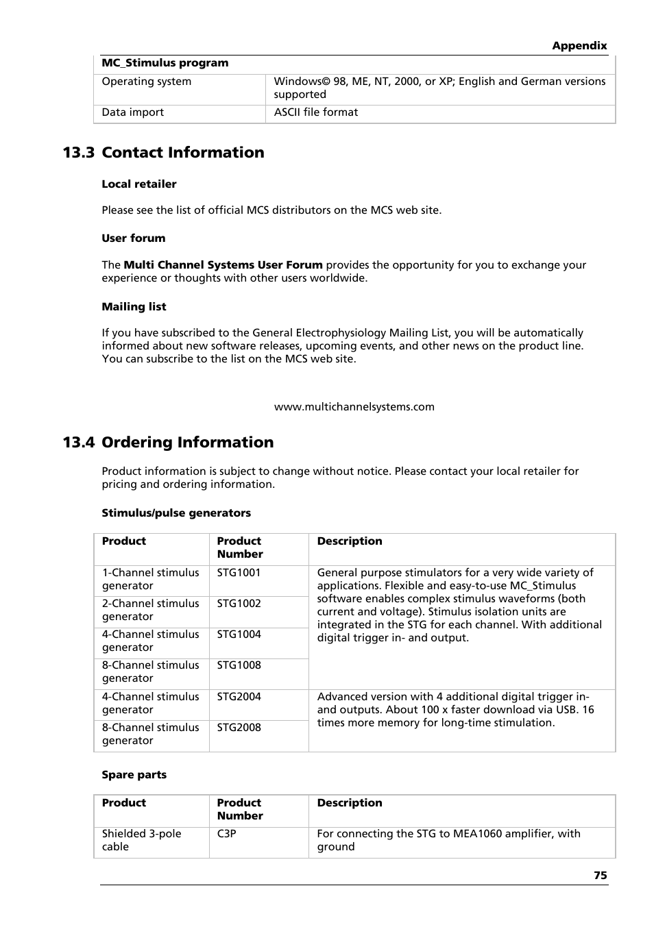 3 contact information, 4 ordering information | Multichannel Systems STG1000 Manual User Manual | Page 81 / 89