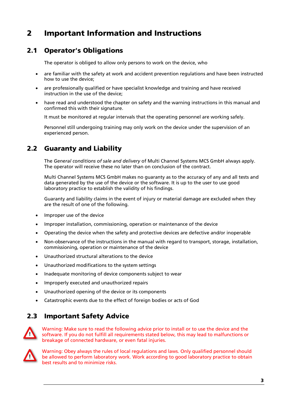 2important information and instructions, 1 operator's obligations, 2 guaranty and liability | 3 important safety advice | Multichannel Systems STG1000 Manual User Manual | Page 9 / 89