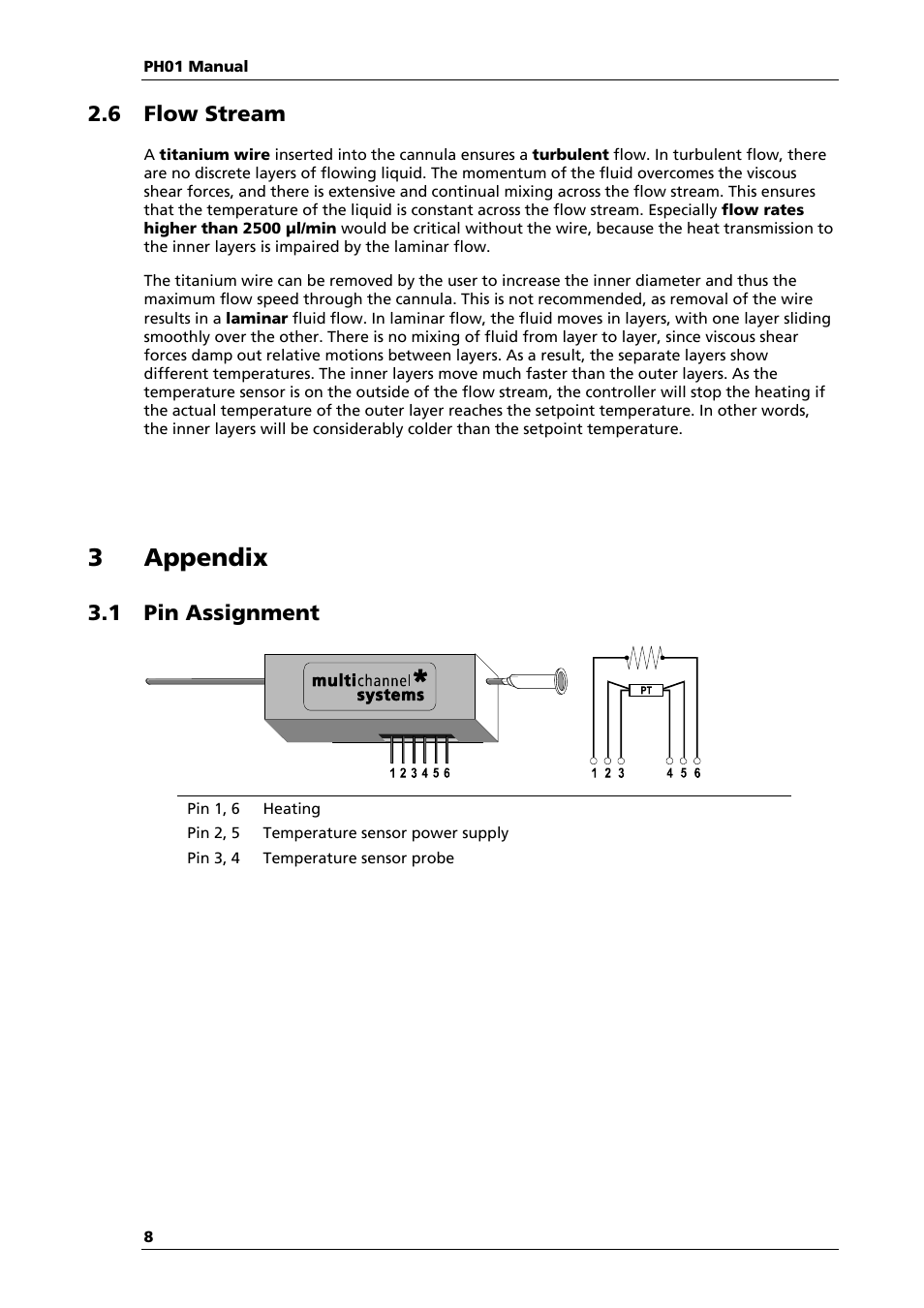 3 appendix, 6 flow stream, 1 pin assignment | Multichannel Systems PH01 Manual User Manual | Page 10 / 10