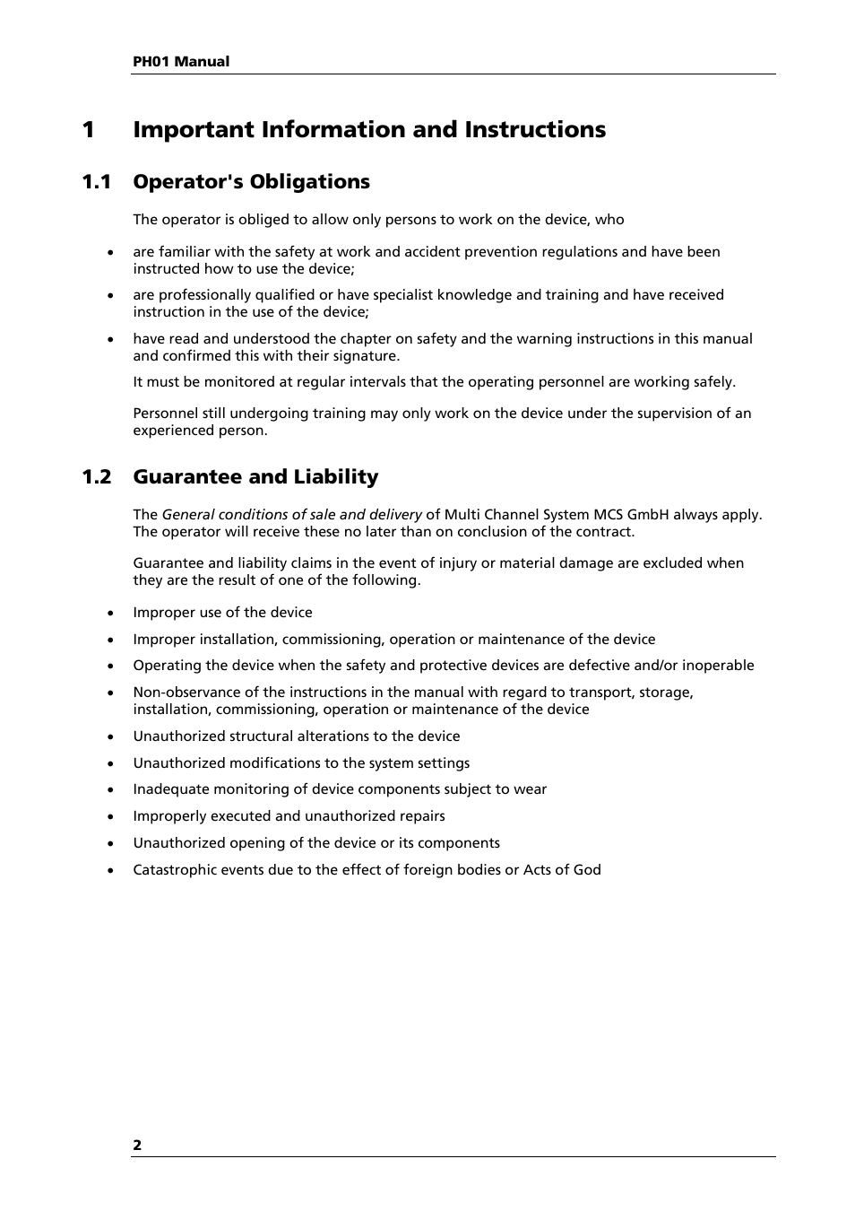 1important information and instructions, 1 operator's obligations, 2 guarantee and liability | Multichannel Systems PH01 Manual User Manual | Page 4 / 10