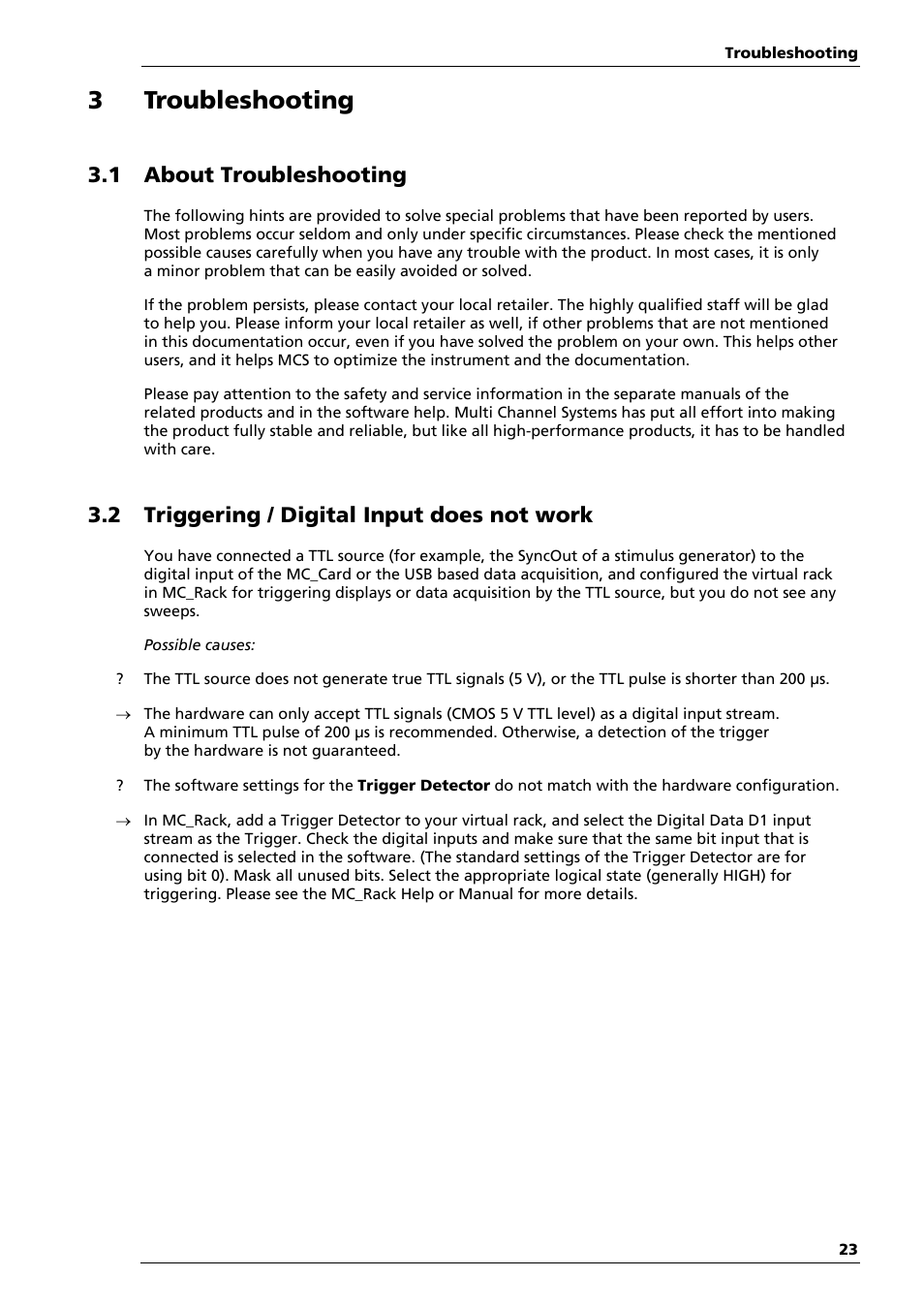 3 troubleshooting, 1 about troubleshooting, 2 triggering / digital input does not work | Multichannel Systems ME-System Manual User Manual | Page 23 / 31