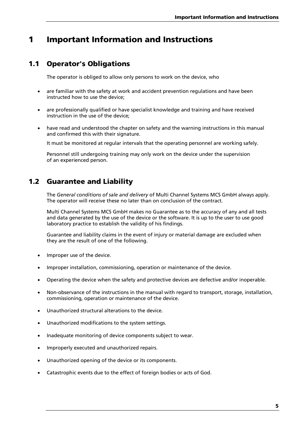 1important information and instructions, 1 operator's obligations, 2 guarantee and liability | Multichannel Systems ME-System Manual User Manual | Page 5 / 31