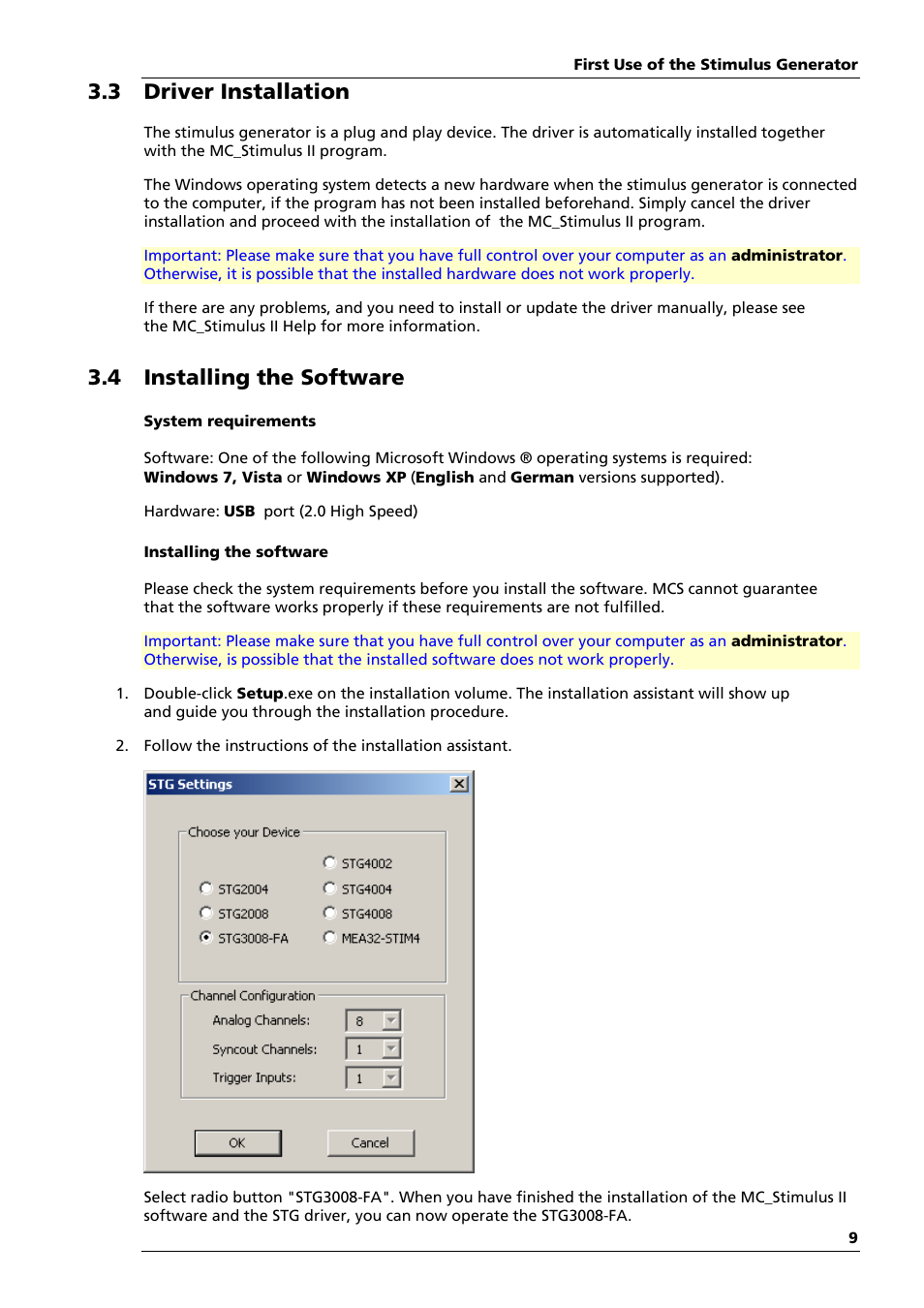 3 driver installation, 4 installing the software | Multichannel Systems STG3008-FA Manual User Manual | Page 15 / 101