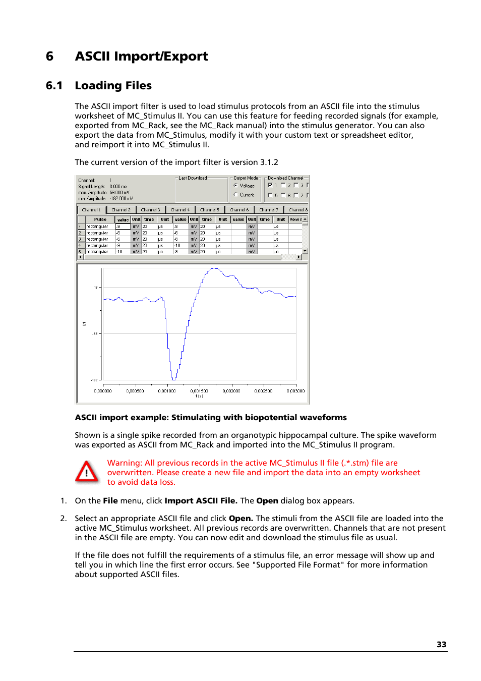 6 ascii import/export, 1 loading files | Multichannel Systems STG3008-FA Manual User Manual | Page 39 / 101