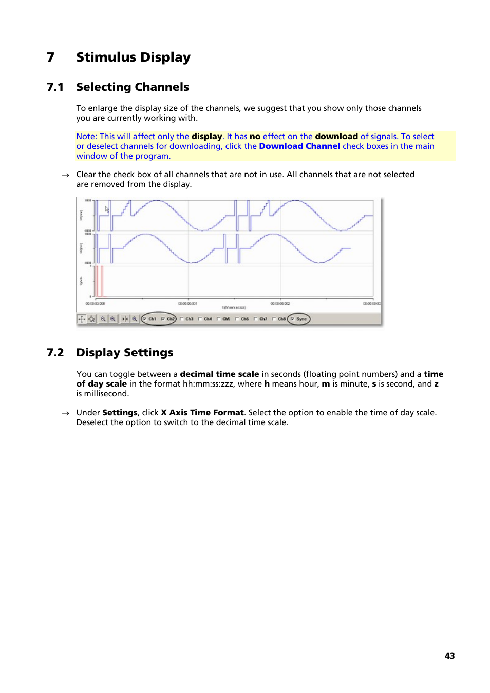 7 stimulus display, 1 selecting channels, 2 display settings | Multichannel Systems STG3008-FA Manual User Manual | Page 49 / 101
