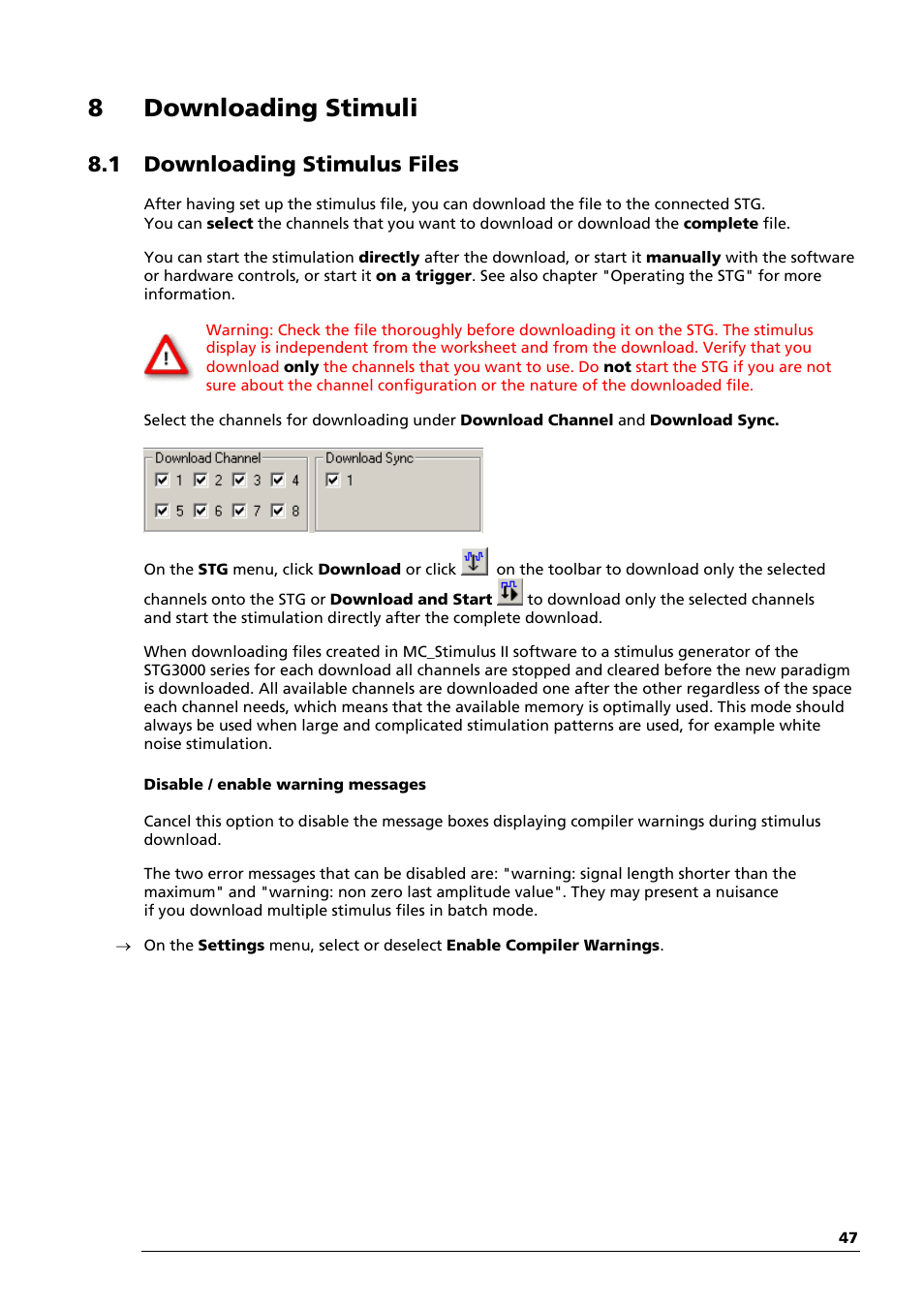 8 downloading stimuli, 1 downloading stimulus files | Multichannel Systems STG3008-FA Manual User Manual | Page 53 / 101
