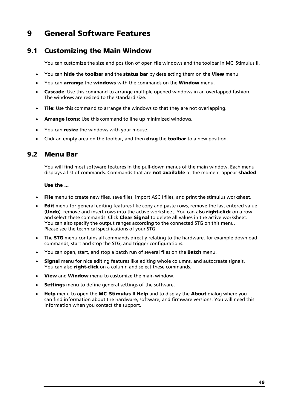 9general software features, 1 customizing the main window, 2 menu bar | Multichannel Systems STG3008-FA Manual User Manual | Page 55 / 101