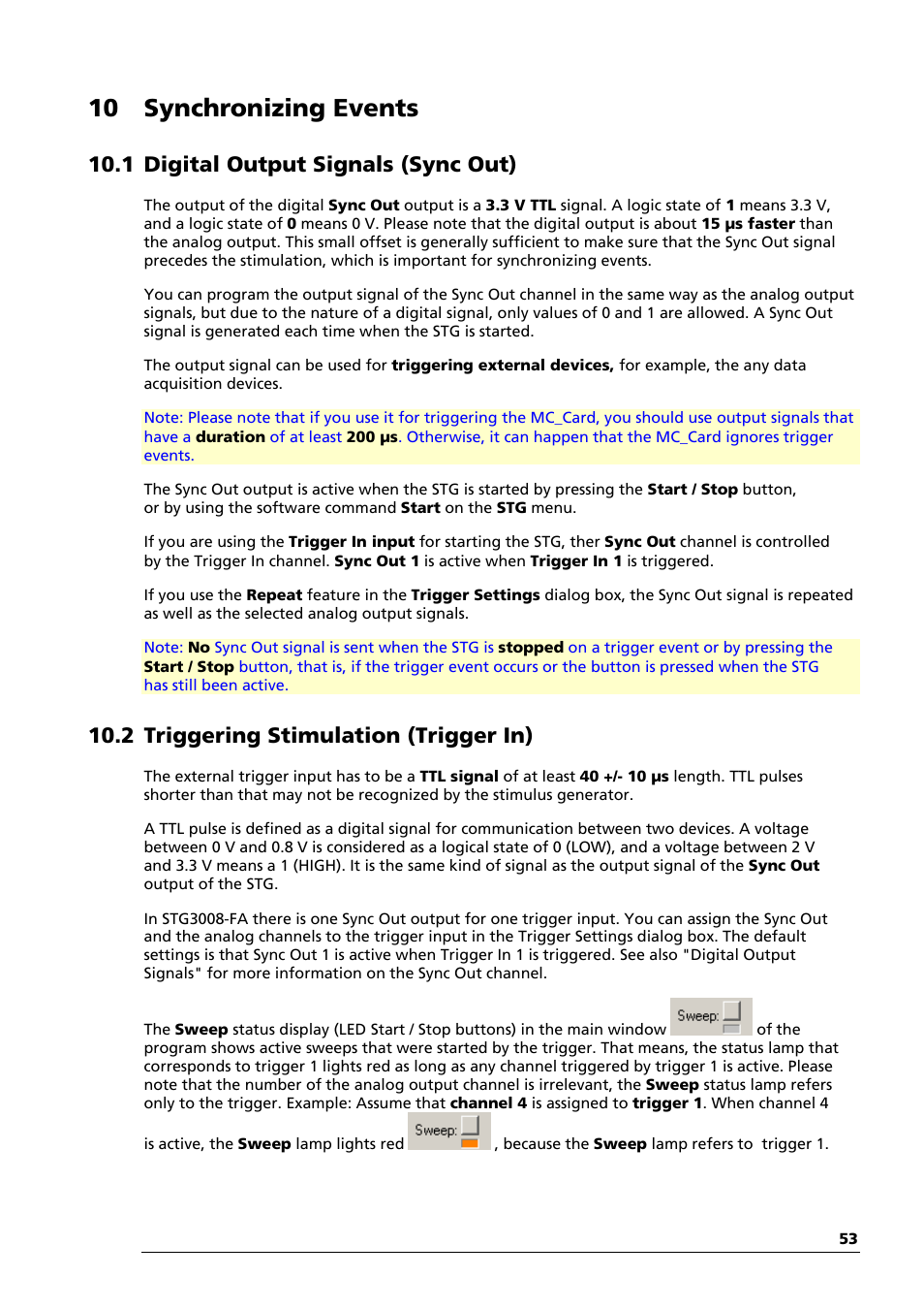 10 synchronizing events, 1 digital output signals (sync out), 2 triggering stimulation (trigger in) | Multichannel Systems STG3008-FA Manual User Manual | Page 59 / 101