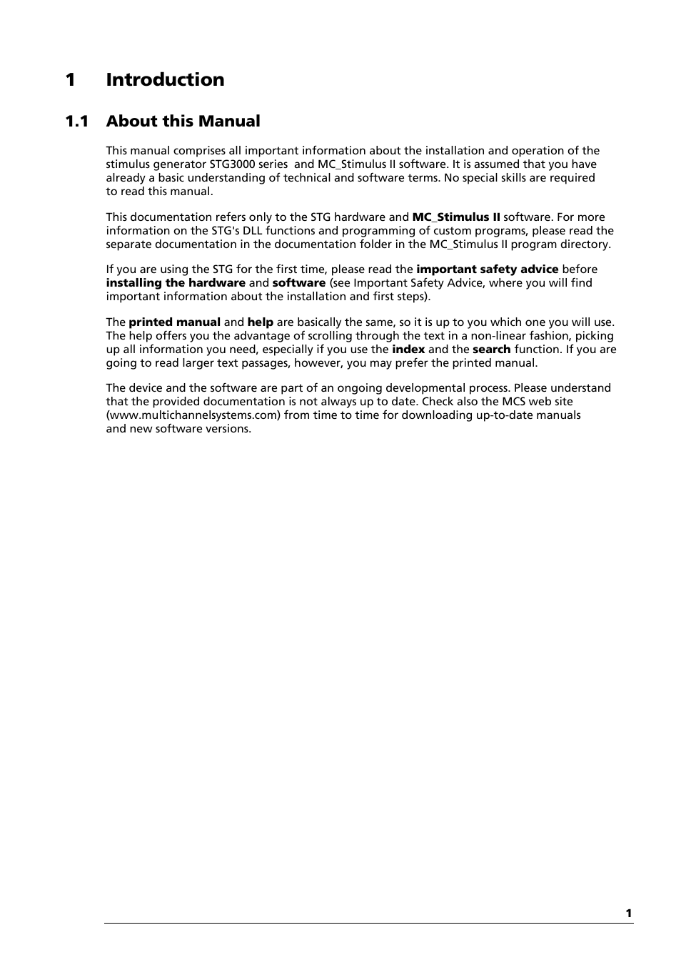 1 introduction, 1 about this manual | Multichannel Systems STG3008-FA Manual User Manual | Page 7 / 101