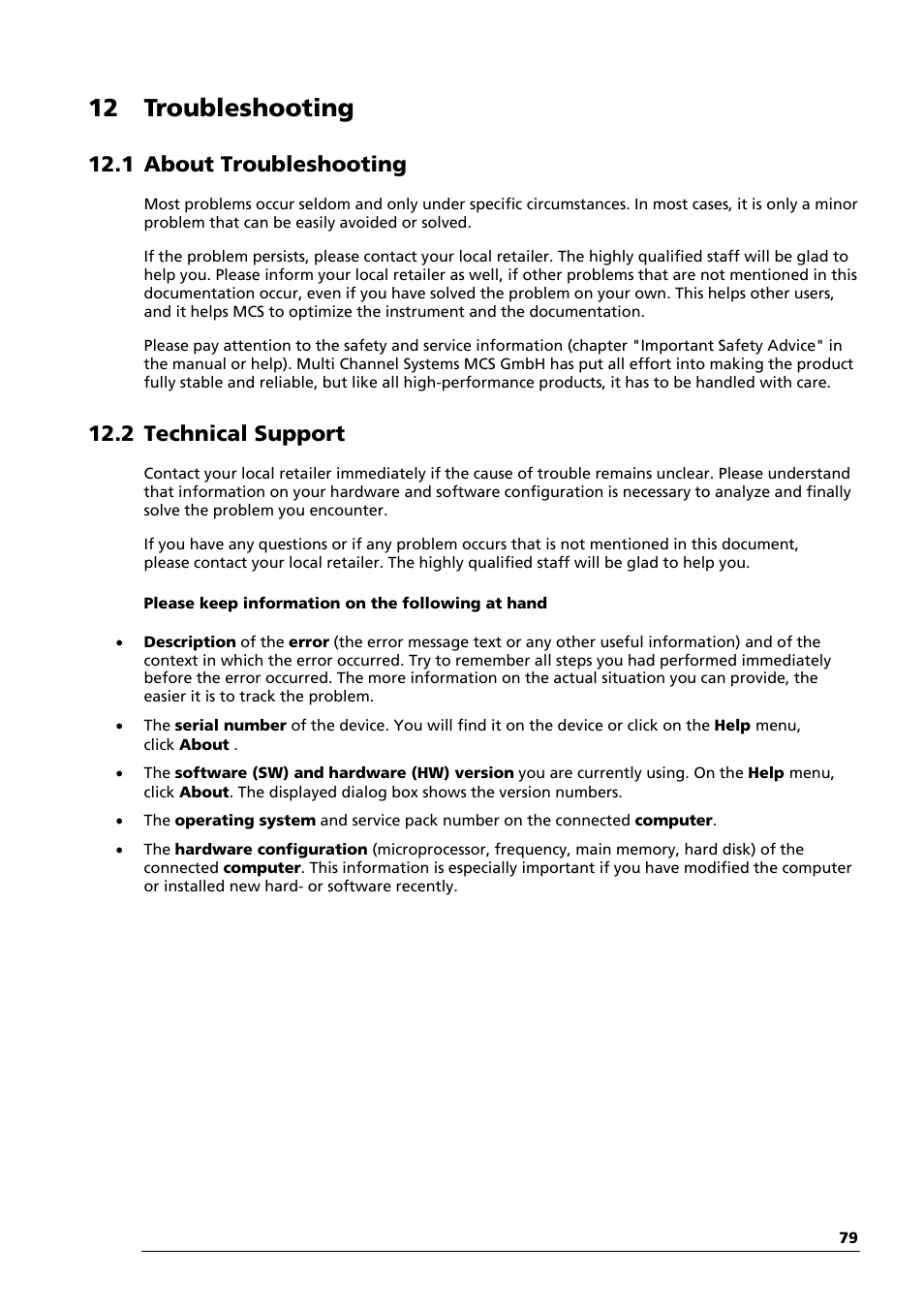 12 troubleshooting, 1 about troubleshooting, 2 technical support | Multichannel Systems STG3008-FA Manual User Manual | Page 85 / 101