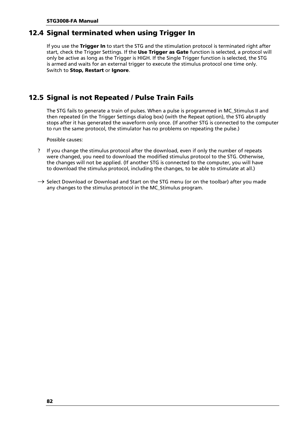 4 signal terminated when using trigger in, 5 signal is not repeated / pulse train fails | Multichannel Systems STG3008-FA Manual User Manual | Page 88 / 101