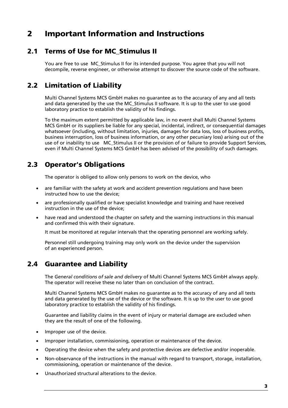 2important information and instructions, 1 terms of use for mc_stimulus ii, 2 limitation of liability | 3 operator's obligations, 4 guarantee and liability | Multichannel Systems STG3008-FA Manual User Manual | Page 9 / 101