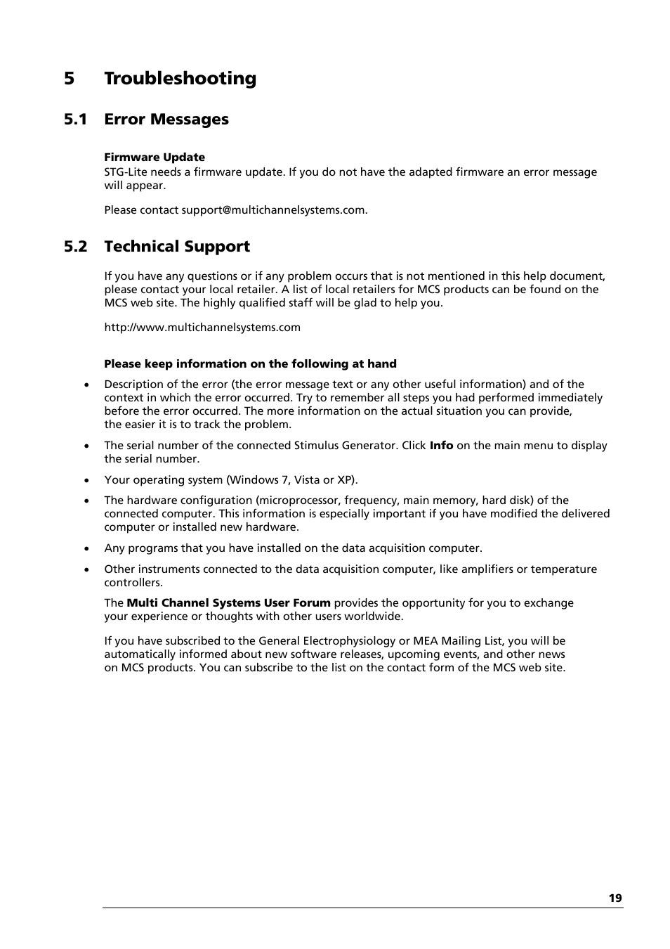 5 troubleshooting, 1 error messages, 2 technical support | Multichannel Systems STG-Lite Manual User Manual | Page 23 / 27