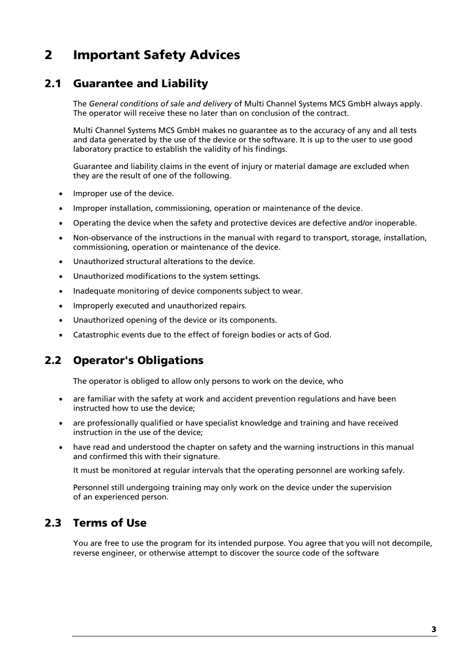 2 important safety advices, 1 guarantee and liability, 2 operator's obligations | 3 terms of use | Multichannel Systems STG-Lite Manual User Manual | Page 7 / 27