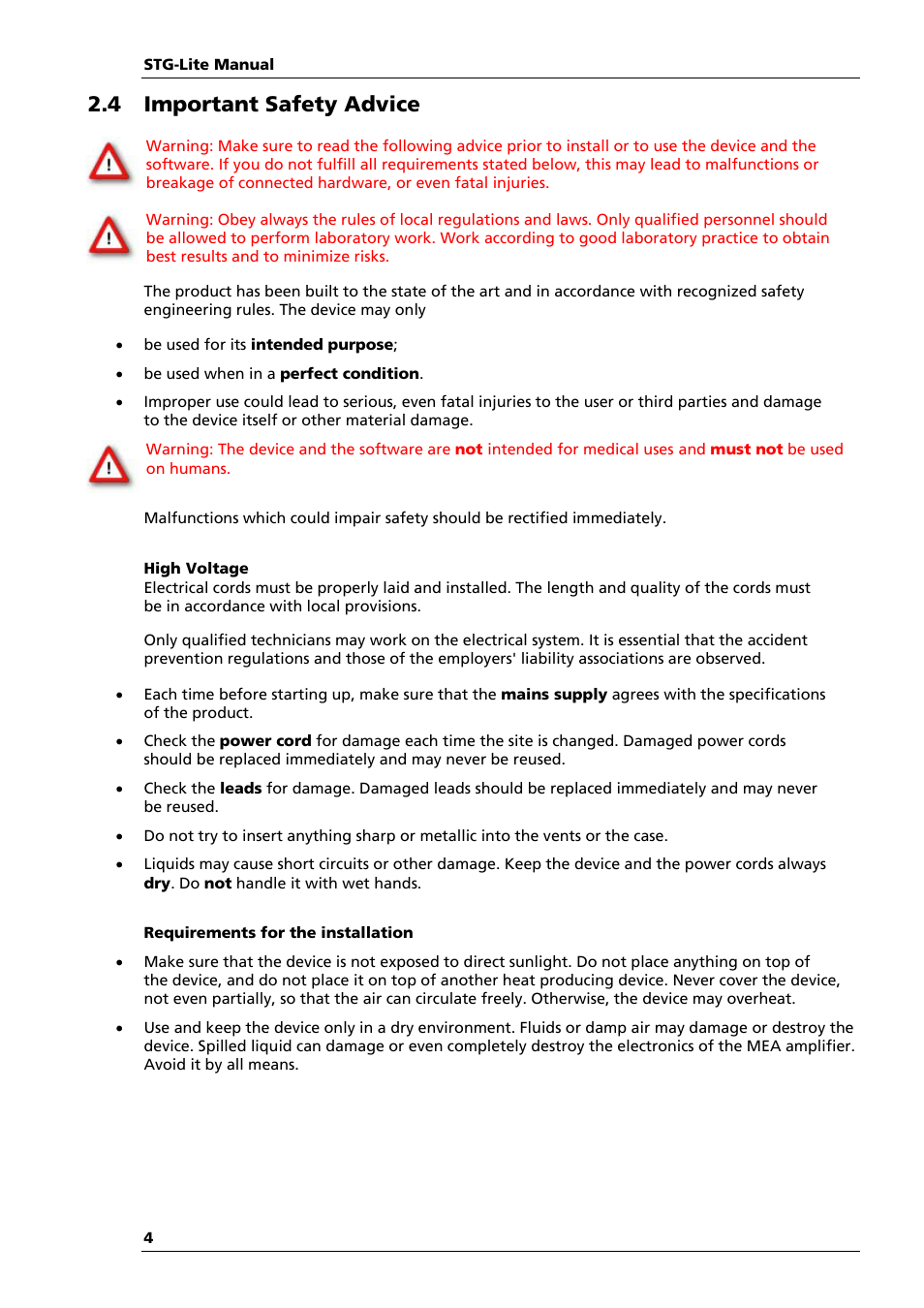 4 important safety advice | Multichannel Systems STG-Lite Manual User Manual | Page 8 / 27