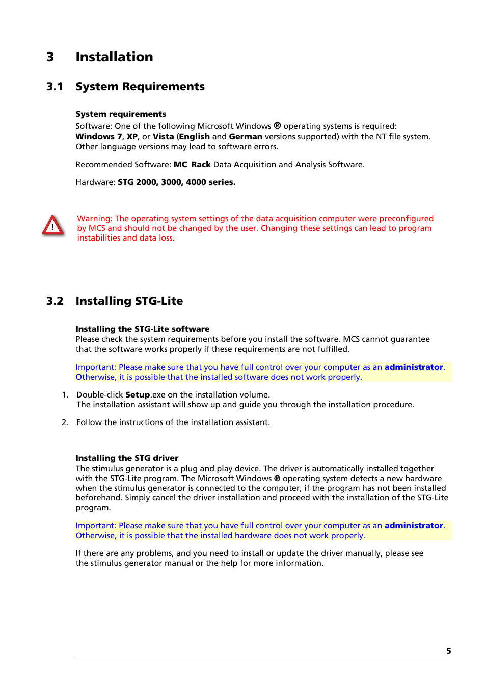 3 installation, 1 system requirements, 2 installing stg-lite | Multichannel Systems STG-Lite Manual User Manual | Page 9 / 27
