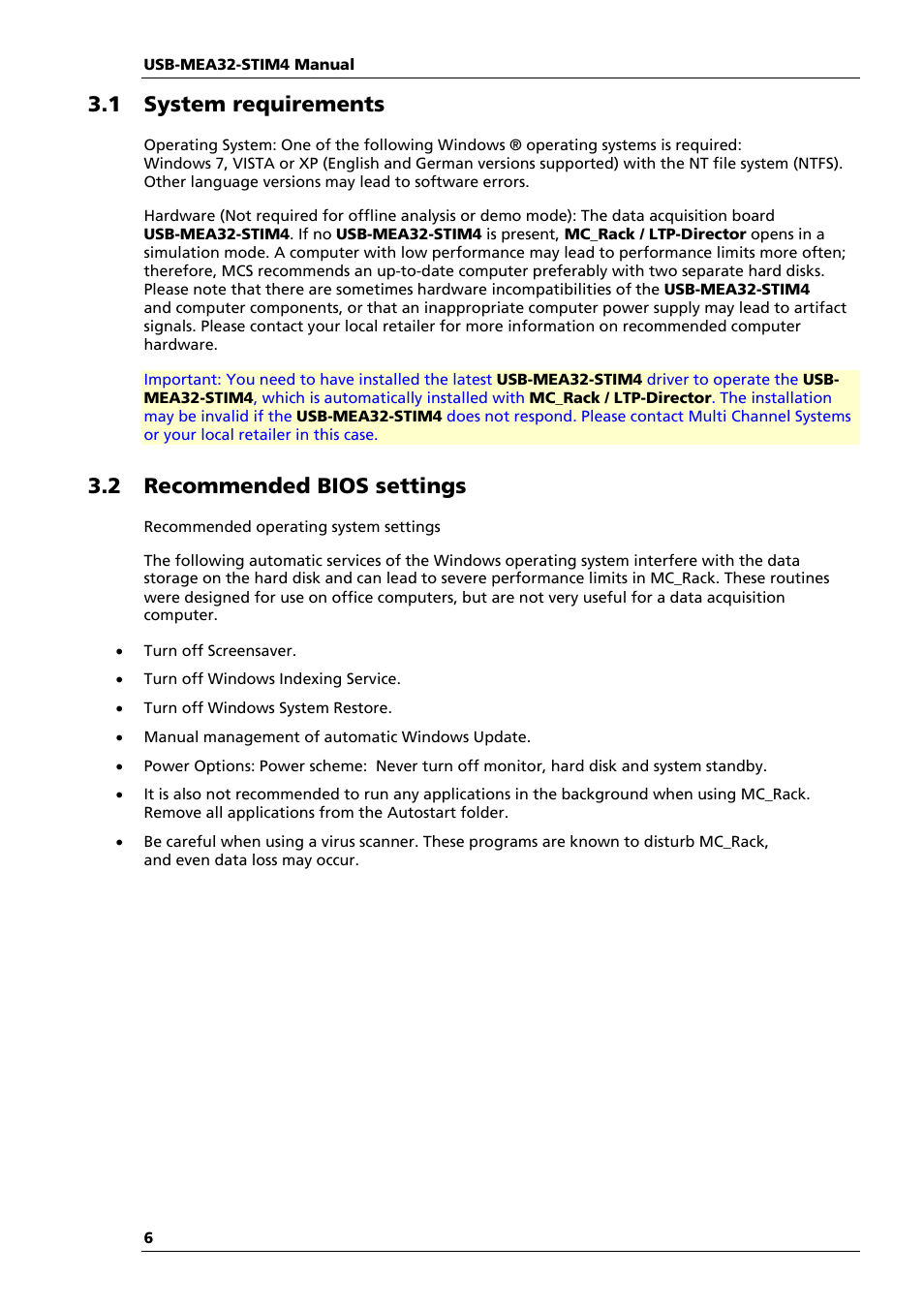 1 system requirements, 2 recommended bios settings | Multichannel Systems USB-MEA32-STIM4 Manual User Manual | Page 12 / 50