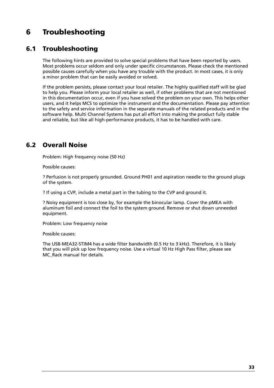 6 troubleshooting, 1 troubleshooting, 2 overall noise | Multichannel Systems USB-MEA32-STIM4 Manual User Manual | Page 39 / 50
