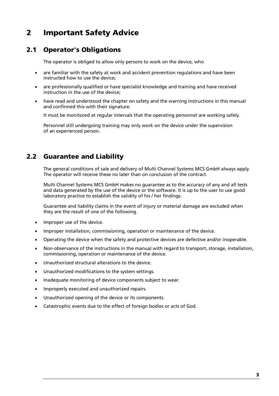 2 important safety advice, 1 operator's obligations, 2 guarantee and liability | Multichannel Systems USB-MEA32-STIM4 Manual User Manual | Page 9 / 50