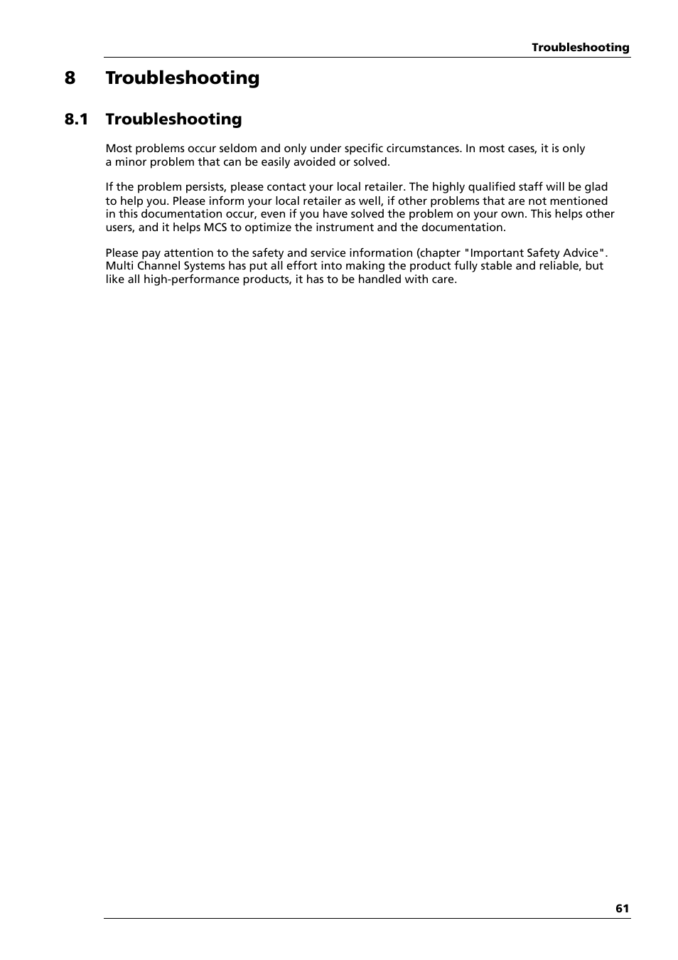 8 troubleshooting, 1 troubleshooting | Multichannel Systems HiClamp Manual User Manual | Page 67 / 81