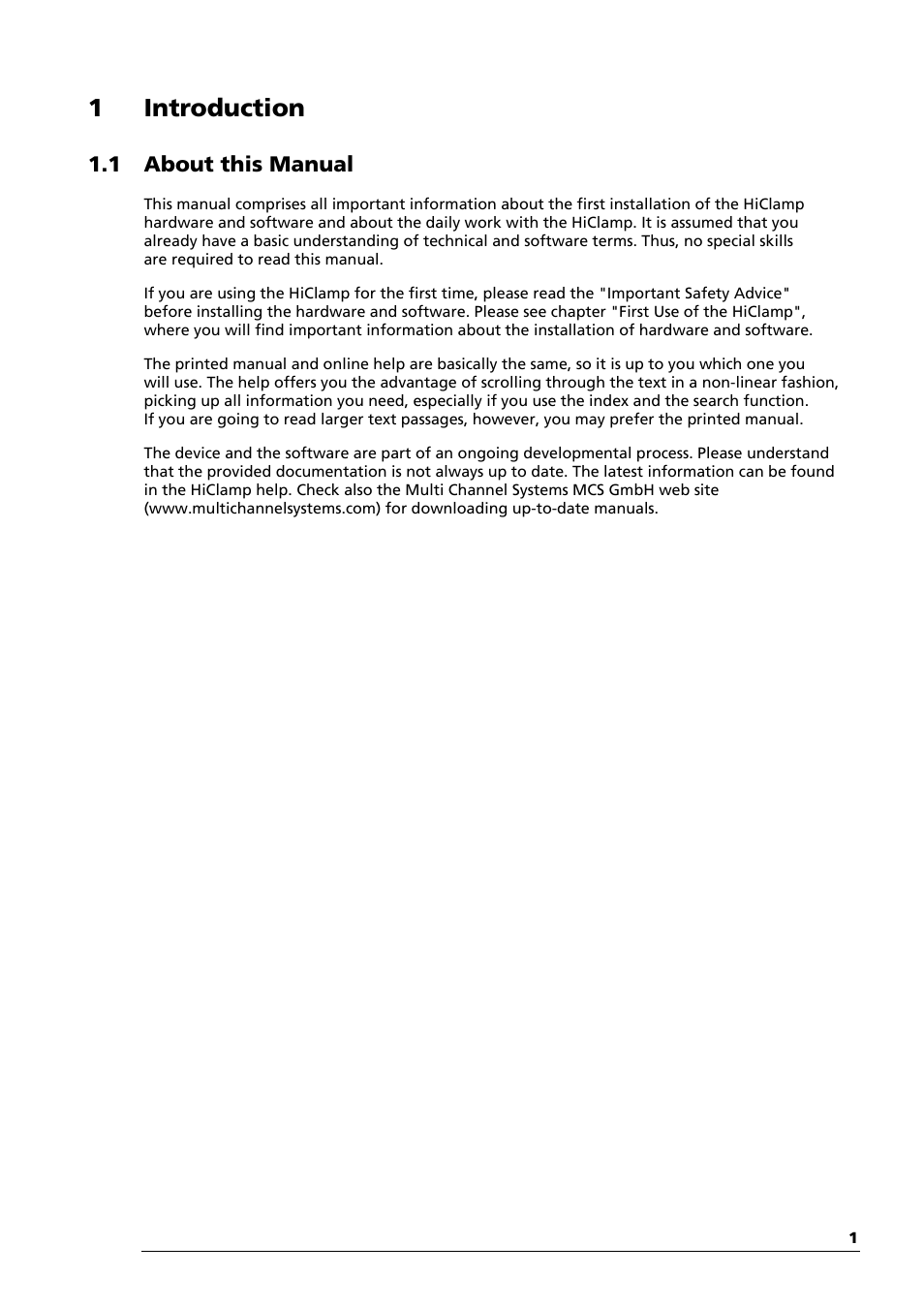 1 introduction, 1 about this manual | Multichannel Systems HiClamp Manual User Manual | Page 7 / 81