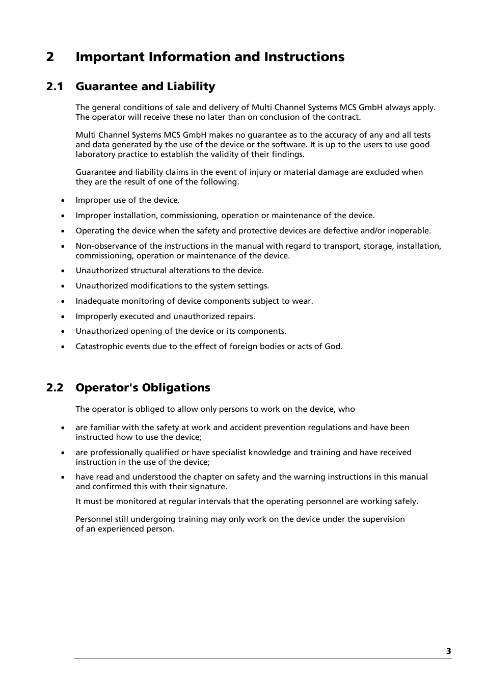 2important information and instructions, 1 guarantee and liability, 2 operator's obligations | Multichannel Systems HiClamp Manual User Manual | Page 9 / 81