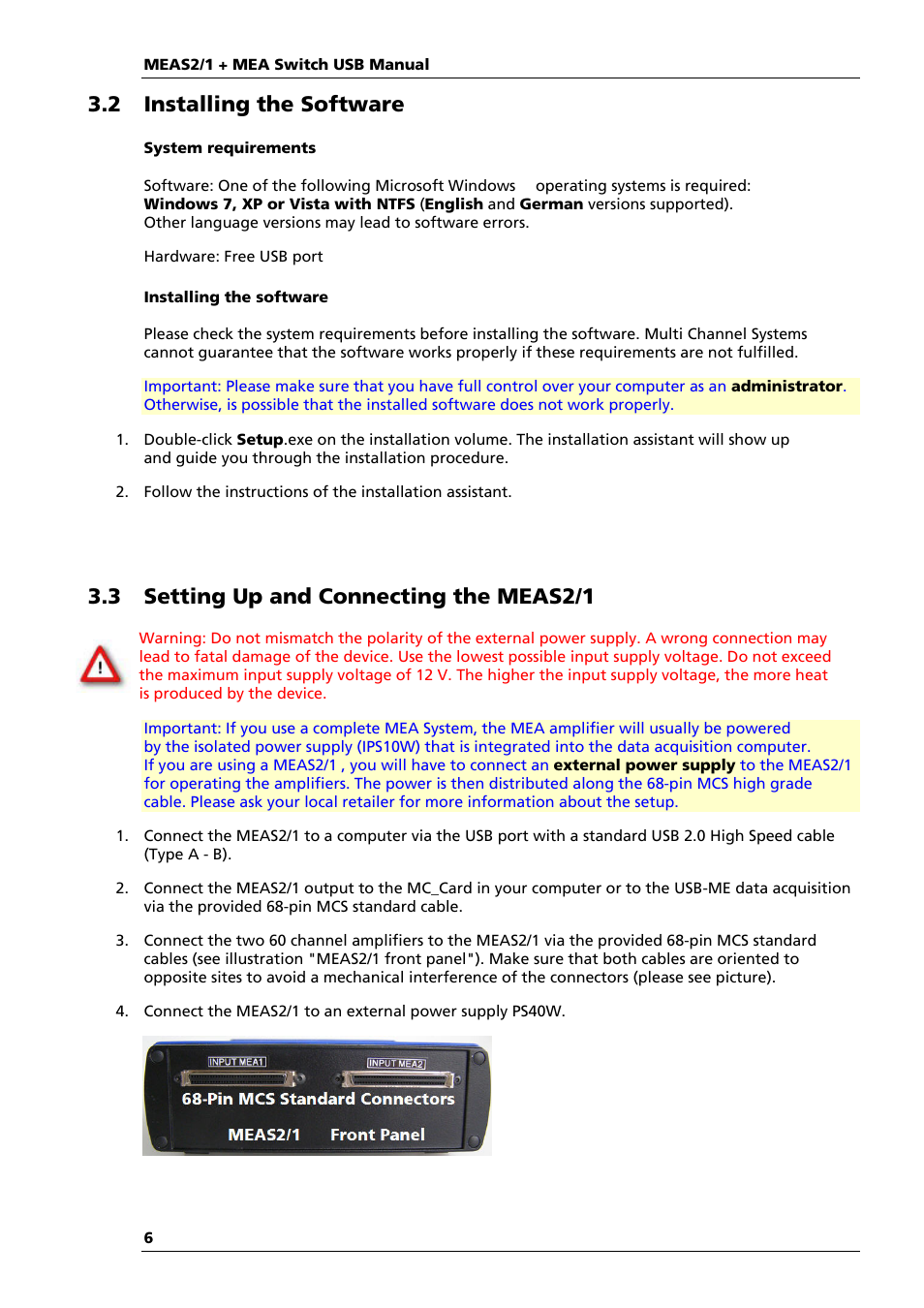 2 installing the software, 3 setting up and connecting the meas2/1 | Multichannel Systems MEAS21+MEASwitchUSB Manual User Manual | Page 10 / 23