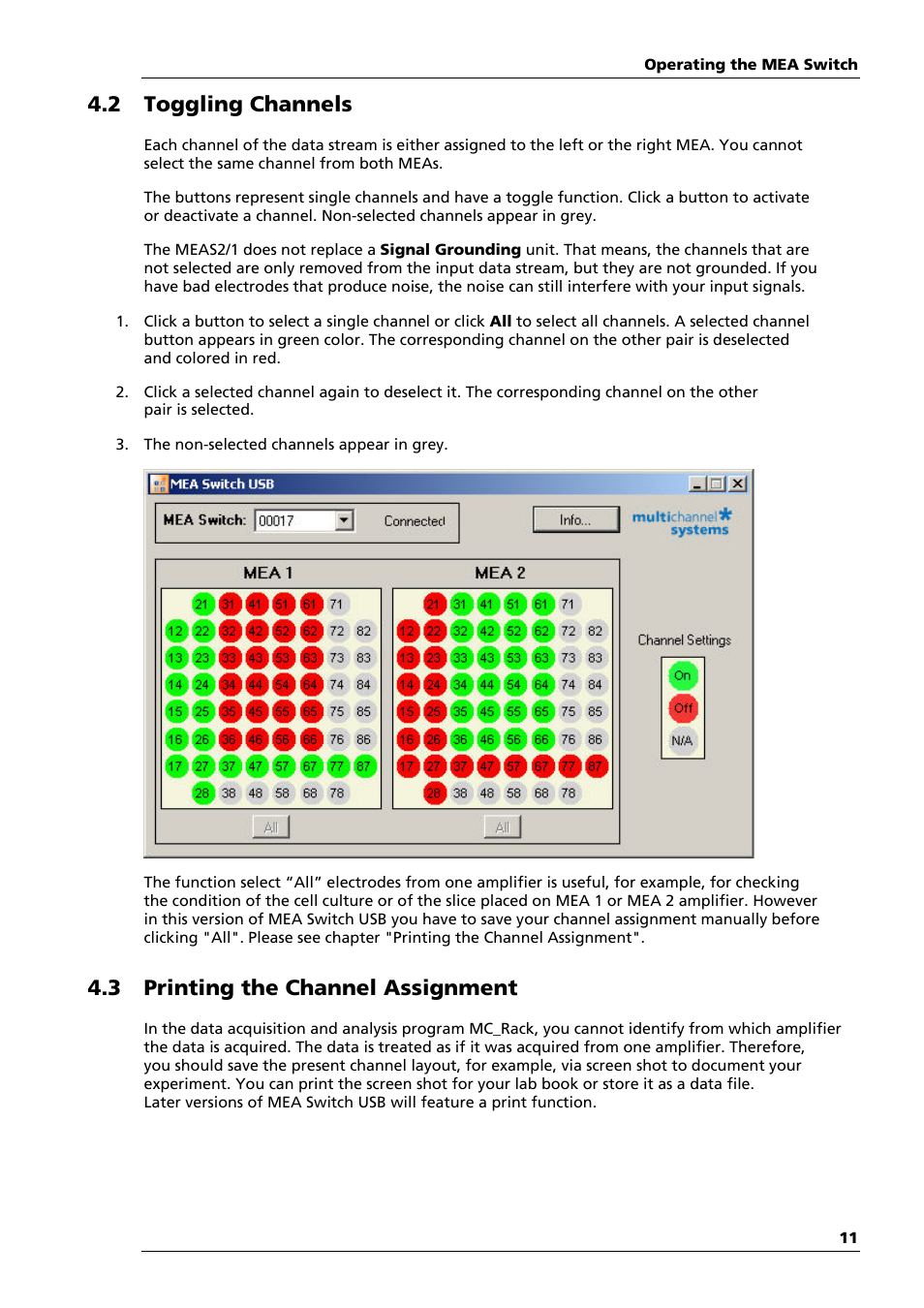 2 toggling channels, 3 printing the channel assignment | Multichannel Systems MEAS21+MEASwitchUSB Manual User Manual | Page 15 / 23