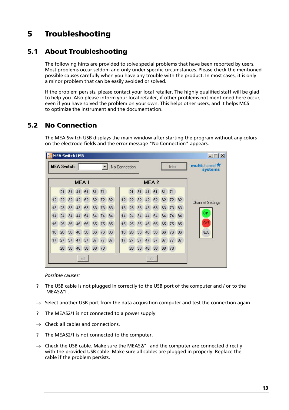 5 troubleshooting, 1 about troubleshooting, 2 no connection | Multichannel Systems MEAS21+MEASwitchUSB Manual User Manual | Page 17 / 23