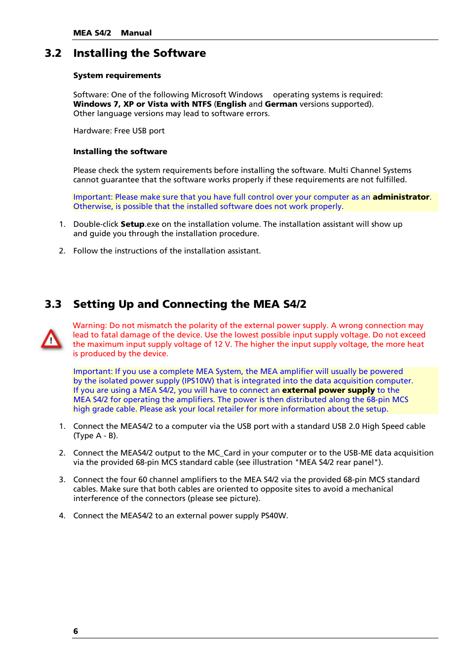 2 installing the software, 3 setting up and connecting the mea s4/2 | Multichannel Systems MEAS42+MEASwitchUSB Manual User Manual | Page 10 / 23
