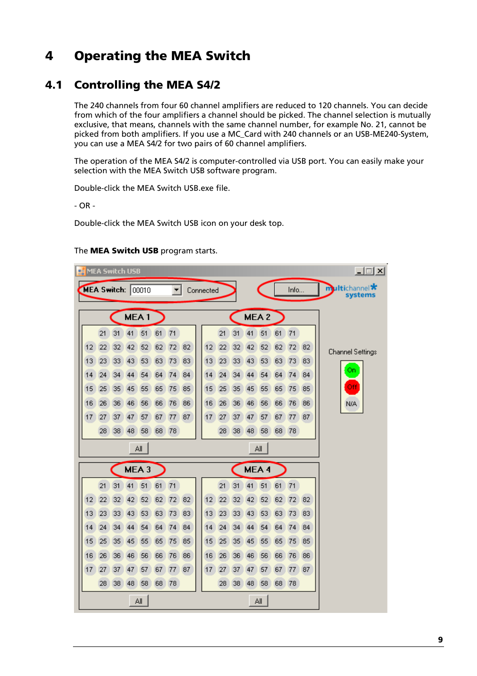 4operating the mea switch, 1 controlling the mea s4/2 | Multichannel Systems MEAS42+MEASwitchUSB Manual User Manual | Page 13 / 23