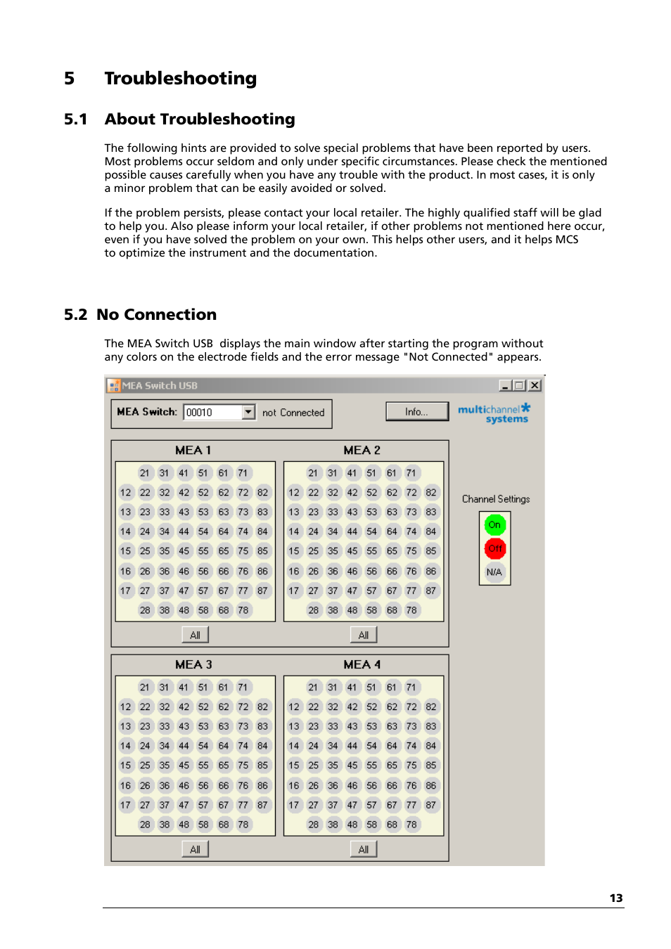 5 troubleshooting, 1 about troubleshooting, 2 no connection | Multichannel Systems MEAS42+MEASwitchUSB Manual User Manual | Page 17 / 23