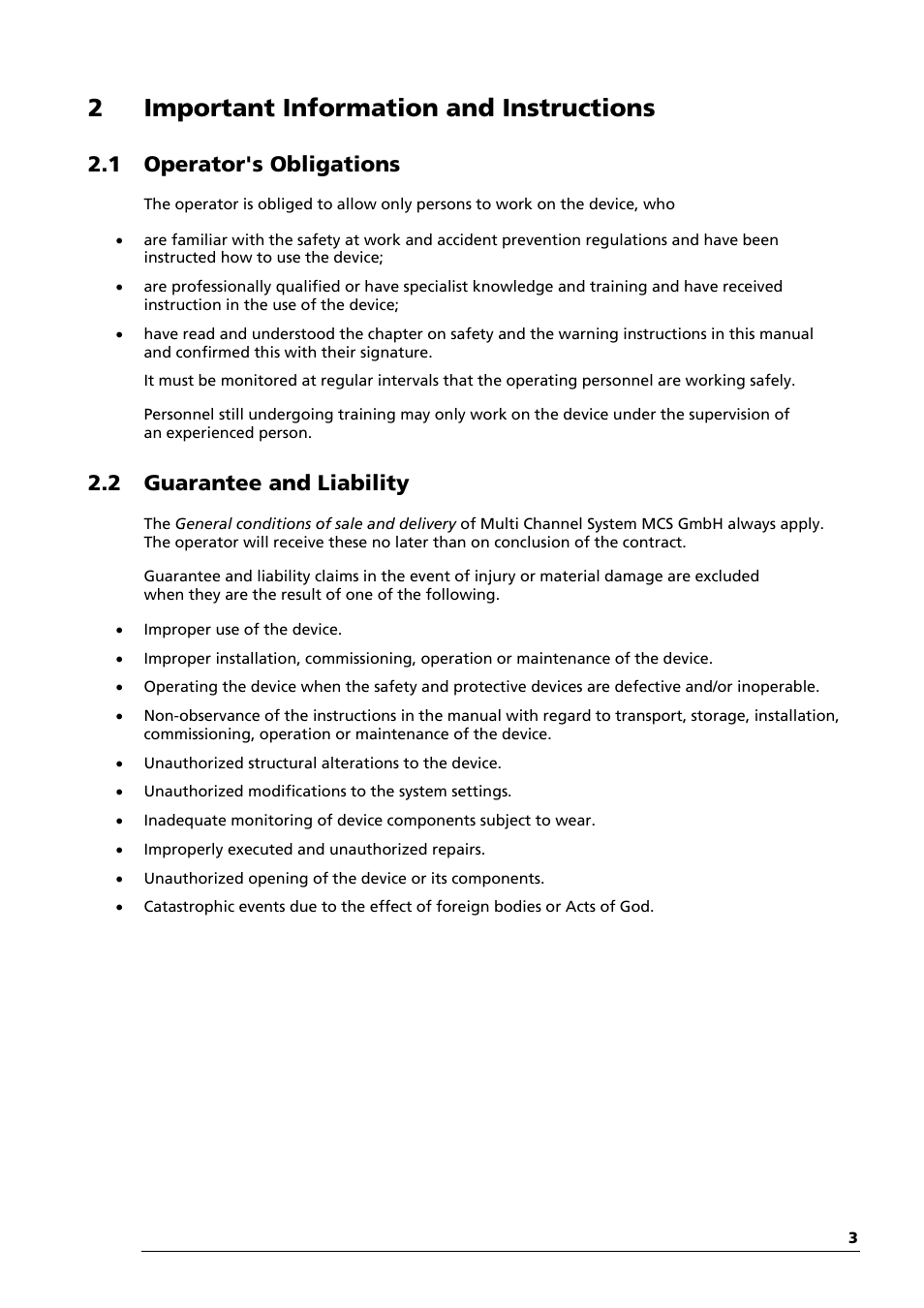 2important information and instructions, 1 operator's obligations, 2 guarantee and liability | Multichannel Systems MEAS42+MEASwitchUSB Manual User Manual | Page 7 / 23